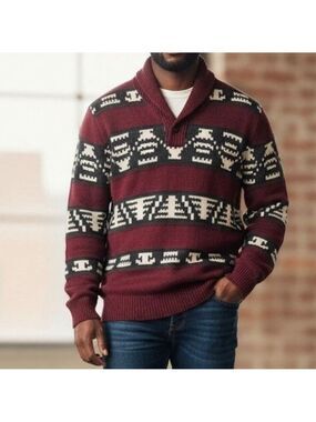 Men's American Eagle Aztec Tribal Shawl Neck Sweater - Maroon/Red L
